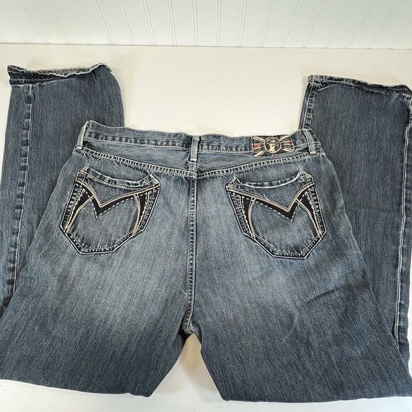 Monarchy Jeans Y2K Mens Size 40 Blue Distressed BootCut Jeans Embroidered Pocket - Picture 5 of 9